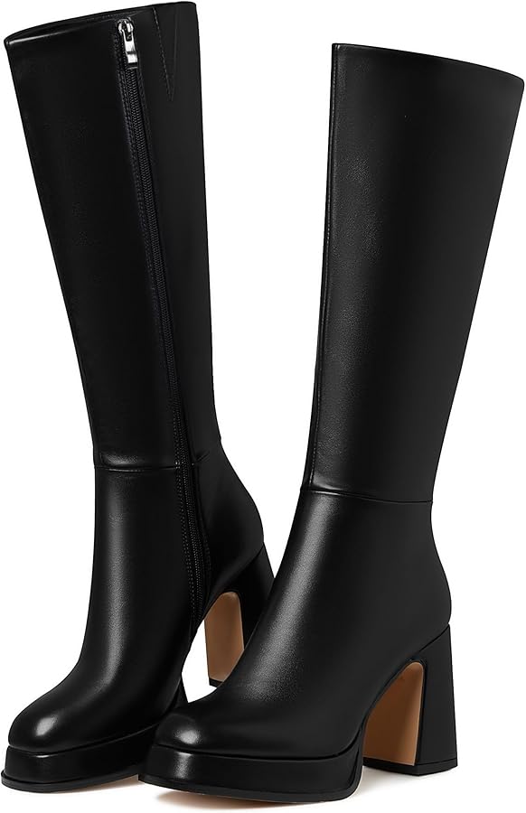 Amazon.com | EQAUDES Black Platform Chunky Heel Knee High